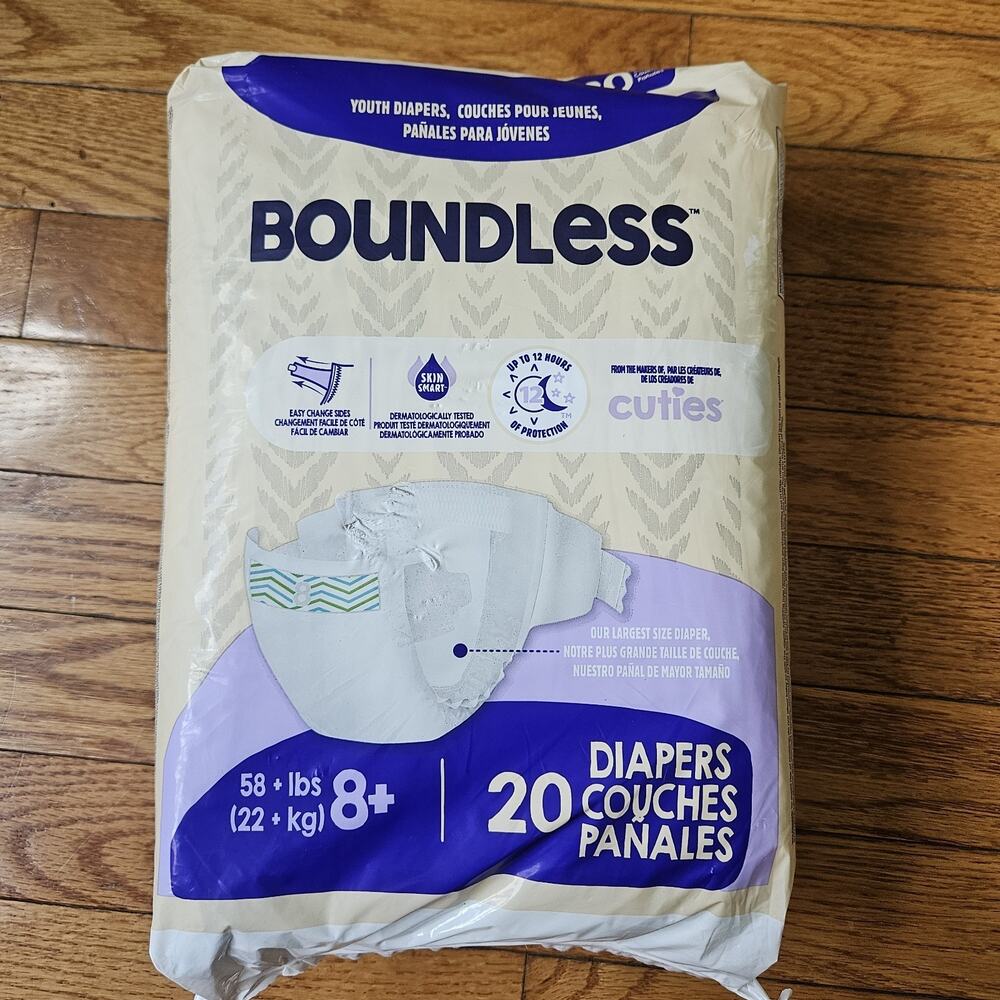 Cuties Boundless Diapers Size 8 Package of 20, Rare and Discontinued 58+ Lbs